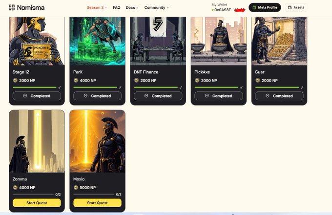 A screenshot of the Nomisma web app shows Season 3 quests with completed tasks for Stage 12, PerX, DNT Finance, PickAxe, and Guar, alongside unstarted quests for Zomnia and Moxio.