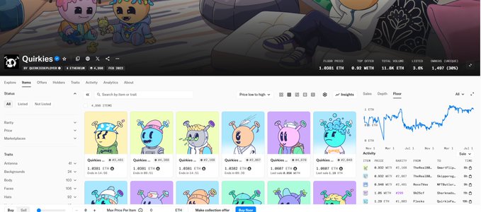 A screenshot of an OpenSea NFT marketplace page for the "Quirkies" collection, showing various colorful character NFTs and a floor price of "1.0302 ETH".