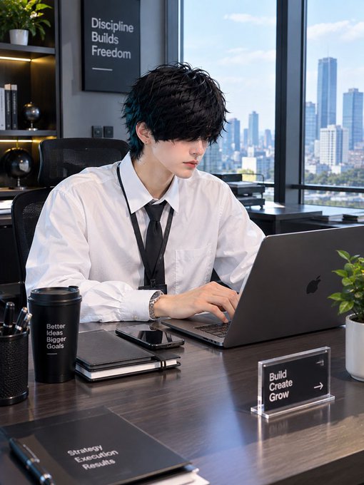 An anime-style digital illustration of a young man with messy black hair wearing a white shirt and black tie, working on a MacBook in a modern office with motivational signs reading 'Discipline Builds Freedom' and 'Build Create Grow'.