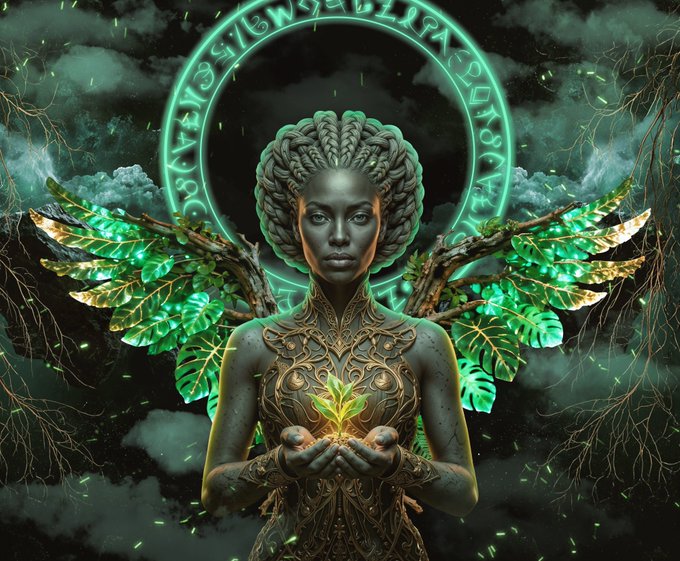 A dark fantasy digital artwork featuring a woman with elaborate braided hair, green glowing wings made of leaves, and a magical green rune circle behind her, holding a glowing green plant.