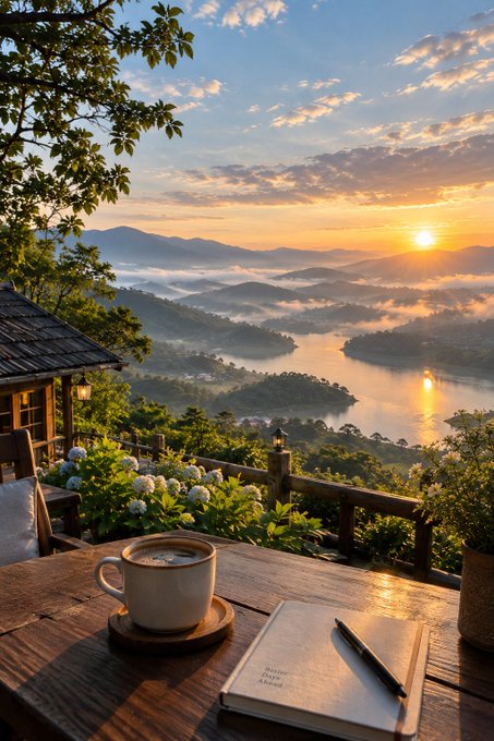 A scenic view of a misty lake and islands at sunset, viewed from a wooden deck with a cup of coffee and a notebook on a table.