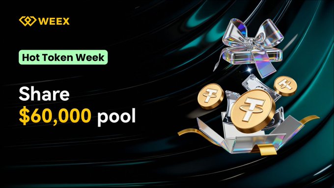 The image features a promotional poster for an event called "HOT TOKEN WEEK Event Has Started! Total 60,000 USDT prize pool is waiting for you Participation is easy, rewards are big June 2 - 14:00 To participate Follow @WEEX_Turkiye account RT + Join the event: weex.io/events/promo". The poster has a dark blue background with gold text and images that promote the event. There are three coins in the image, one of which is a gold coin with a silver bow on it.