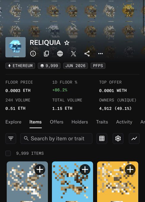 The image shows a screenshot of a social media app's search bar with various posts displayed. The main post that stands out is titled "reliquiaoneth" and has a rating of 4.9 stars, indicating that many users have rated or reviewed this particular post. The post also mentions the top-off price for a cryptocurrency called "etherium".