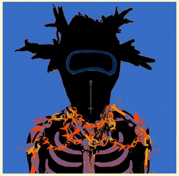 An illustration of a silhouetted figure featuring dreadlocks, a blue visor, and a zipper down the face, wearing orange and purple chains against a blue background.