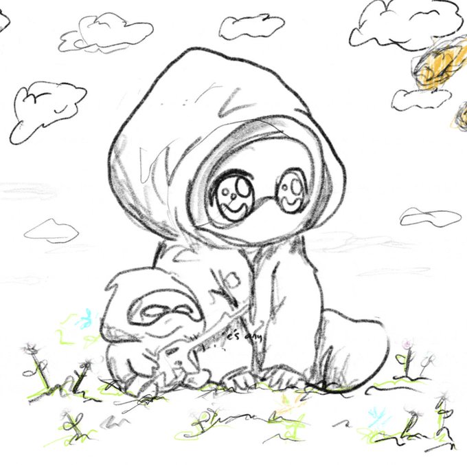 A child-like pencil sketch of two hooded figures wearing glasses with smiley faces drawn on the lenses, sitting in a grassy field under clouds.