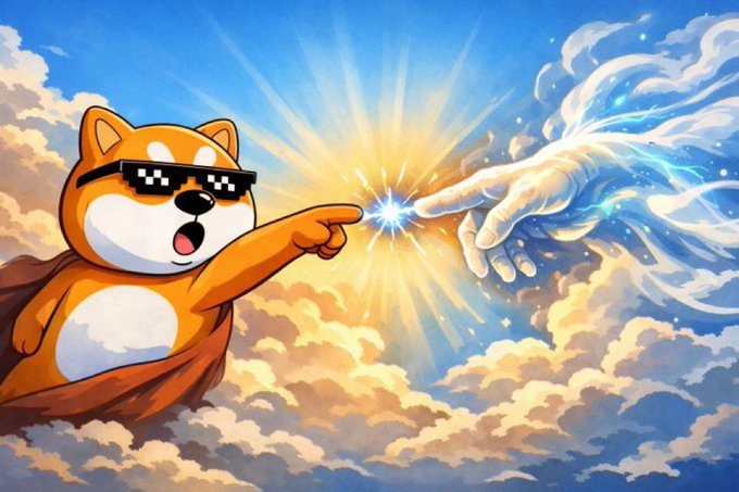 A cartoon-style illustration depicting a dog character wearing pixelated sunglasses and a cape, reaching out to touch a glowing hand emerging from clouds in a parody of Michelangelo's Creation of Adam.