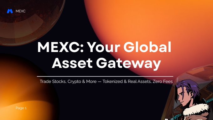 The image has a black background featuring the words "MXC" at the top, followed by white text reading "Your Global Asset Gateway". The text also includes illustrations of orange planets and a person standing next to one of them.