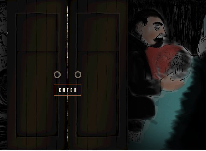 A dark, eerie illustration showing a bearded man holding a glowing red orb, standing next to a wooden door with an 'ENTER' button.