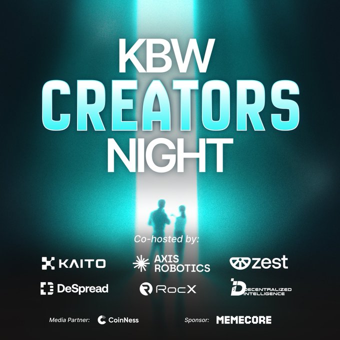 The image promotes "KBW Creators Night," an event co-hosted by Kaito, Axis Robotics, Zest, DeSpread, Rocx, and Decentralized Intelligence, with CoinNess as media partner and Memecore as sponsor. The dark, atmospheric graphic features silhouettes of two figures standing under a beam of teal light, matching the post's announcement of an October 1 gathering in Seoul focused on AI, crypto, creators, and intelligence.