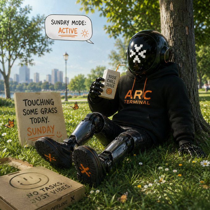 The image features a robot wearing a black helmet with "ARC" written on it, sitting on grass next to a cardboard box labeled "No tasks just vibes". There are also two signs nearby that read "Touching some grass today. Sunday", which suggests that the robot is taking a break from its usual duties and enjoying a relaxing day outdoors. The post about AI being used for decision-making purposes emphasizes the importance of using AI responsibly, as it can help people make better decisions by providing valuable insights and data analysis.