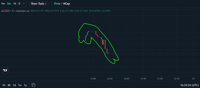 A cryptocurrency price chart for 'ALIGN' on the 5-minute timeframe, showing a sharp downward trend with a manually drawn green outline circling the entire price action.