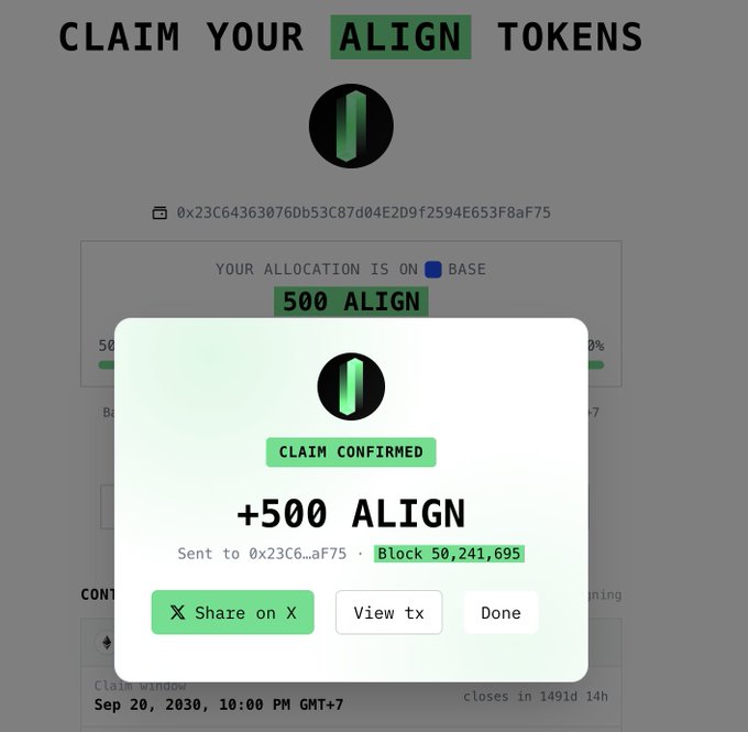 A popup shows a successful claim confirmation of "+500 ALIGN" tokens sent to the wallet 0x23C6...aF75 on Block 50,241,695 via the Base network, with options to share on X, view the transaction, or close the window. The image visually demonstrates the result of the claim process mentioned in the post, which urges users to claim their ALIGN tokens and then revoke token approvals to protect against potential vulnerabilities in older smart contracts.