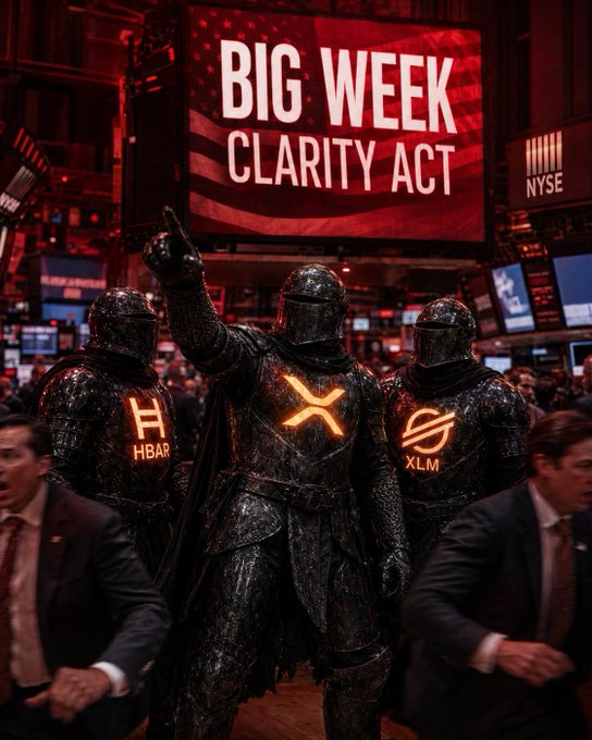 Three armored figures bearing the XRP, HBAR, and XLM logos stand inside the NYSE as a screen proclaims "BIG WEEK CLARITY ACT," visually reinforcing the post's message that this is a pivotal moment for crypto holders to stay focused and hold conviction.