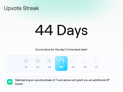 The image shows an upvote screen with a number of posts being viewed or liked by users who have 44 days worth of posts to their liking, starting from today. There are 6 posts currently upvoted; one has a total like count of 7, indicating that the user's post was highly appreciated and gained an upward vote in this period. The other 5 posts are rated as averagely liked or unliked by the users but have either not been rated yet or they were unfollowed today. A person is also liking another post on this list with a total of 9 likes, although it's unclear if that person's post was upvoted or if they were just liking someone else's post. The overall atmosphere seems to be positive and engaged in the content being shared on social media platforms like Upvote Streams.