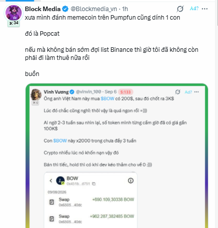 A screenshot of a Vietnamese tweet by @Blockmedia_vn discussing a memecoin called 'Bow' on Pumpfun, referencing a quoted tweet by @vinvin.100 about $BOW's 2000x performance.