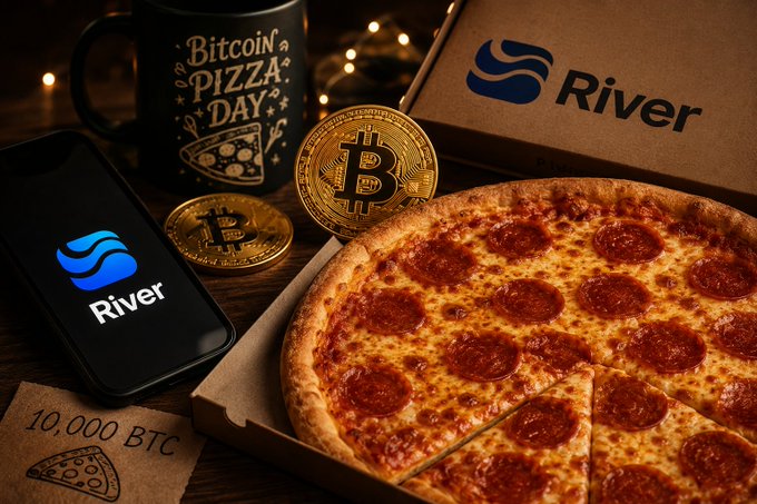iced coffee, pizza box with "RIVER" logo, and Bitcoin coin are arranged on a wooden table.