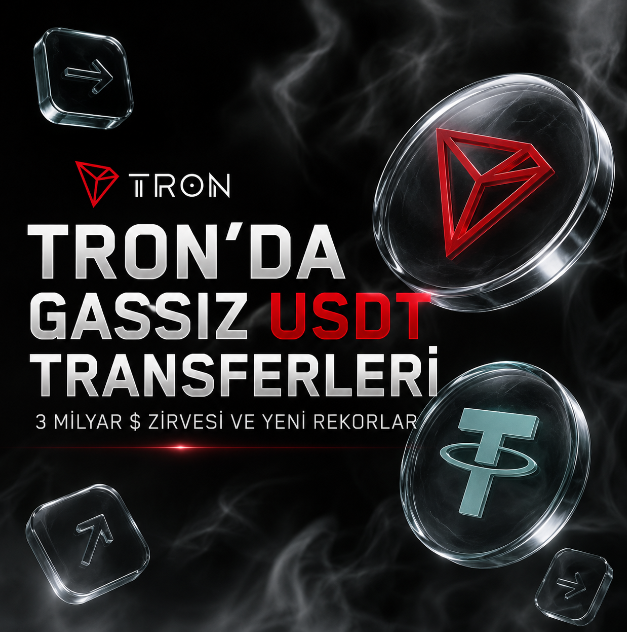 This image highlights "TRON'DA GASSİZ USDT TRANSFERLERİ" (Gas-Free USDT Transfers on TRON), showcasing a "$3 Milyar" (3 Billion Dollar) peak and new records, correlating with the provided text about stablecoin usage growth.