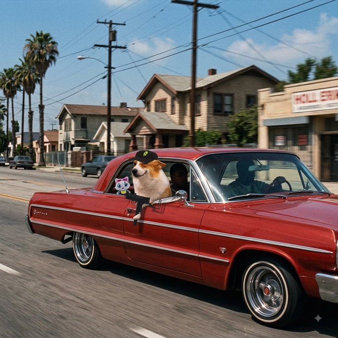 A humorous photo of a dog wearing a cap and sunglasses, holding a gun, and accompanied by a small white cat in the passenger seat of a red classic car driving down a street.