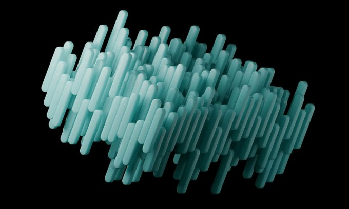 An abstract 3D rendering of teal/cyan colored cylindrical sticks arranged in a rectangular cluster against a black background.