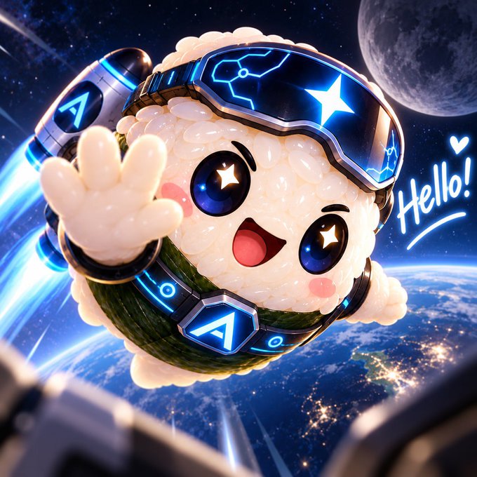 An adorable astronaut sushi rice ball with starry eyes and tech goggles waves "Hello!" while floating through space above Earth, matching the ASTRA project's playful, cosmic branding and their new interactive character mascot.
