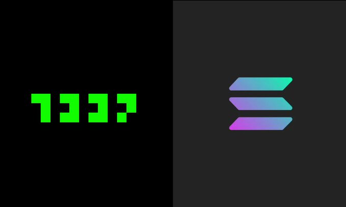 A black background displays the green pixelated "1337" logo on the left and the purple-to-blue gradient Solana logo on the right, visually representing the new partnership and integration between 1337 Skulls and the Solana blockchain.