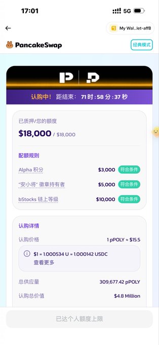 A screenshot of the PancakeSwap interface showing the Polyhedra Network (ZK) IDO subscription page, with $18,000 raised out of an $18,000 cap, a 1 pPOLY = $1.5 token price, and total supply of 309,677.42 pPOLY. The "filled to the brim" caption highlights that the IDO has been completely subscribed to capacity.