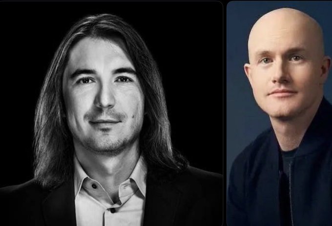 A side-by-side black-and-white/color portrait of two men—one with long, flowing hair and the other bald—visually contrasts their hairlines in jest, poking fun at a crypto figure's hair loss as suggested by the post "Finally crypto has evolved past follicular failure as the key metric."