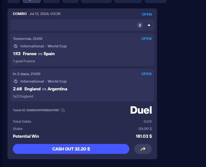 The image shows a betting ticket on the platform Duel featuring a 2-leg combo parlay with a 35.00 CAD stake and a potential win of 181.03 CAD, including wagers on "France vs Spain" (1.93 odds, 1 goal France) for July 13 and "England vs Argentina" (2.68 odds, 1x2 England) for July 15. This ticket is the parlay being given away in the post, with a current cash-out value of 32.20 CAD available.