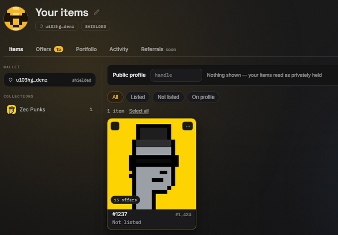 An OpenSea profile page for wallet 'u103hg_denx' shows a shielded status with one item in the 'Zec Punks' collection—a pixel-art character #1237 with 15 offers, not listed.