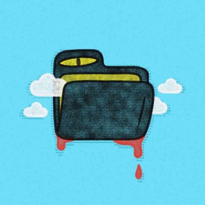 A stylized illustration showing a dark blue wallet with a yellow eye peering out, blood-like drips falling from the bottom, and small clouds around it against a bright blue background.