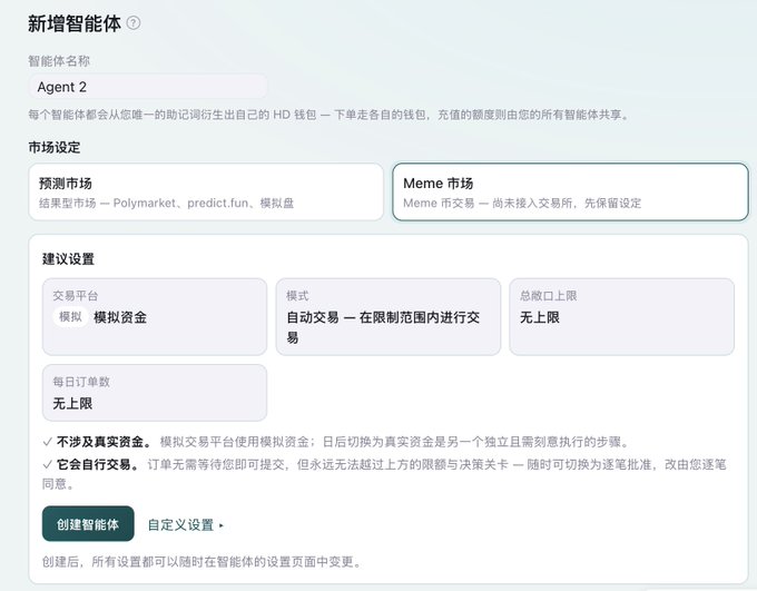 The image shows a Chinese-language interface for creating a new AI trading agent ("新增智能体"), with the agent named "Agent 2" and options to configure either a Prediction Market ("预测市场," referencing Polymarket, predict.fun, and a mock trading platform "模拟盘") or a Meme Market ("Meme 市场"), with default settings for simulated funds, automatic trading, and no limits on order size or daily count. This relates to the post's discussion of trading weaknesses, particularly in Meme trading where timing exits is difficult and missed gains or losses to liquidity are common, as the interface offers an automated AI agent solution to potentially address these trading pitfalls.