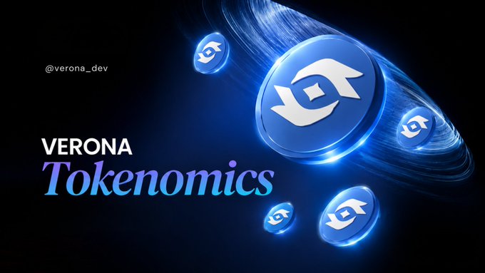 A dark blue promotional graphic features glowing 3D Verona coin tokens orbiting a central disc with the "V" logo, accompanied by the text "VERONA Tokenomics" and the handle "@verona_dev," visually representing the cryptocurrency's economic structure being discussed in the post about its $Verona token.