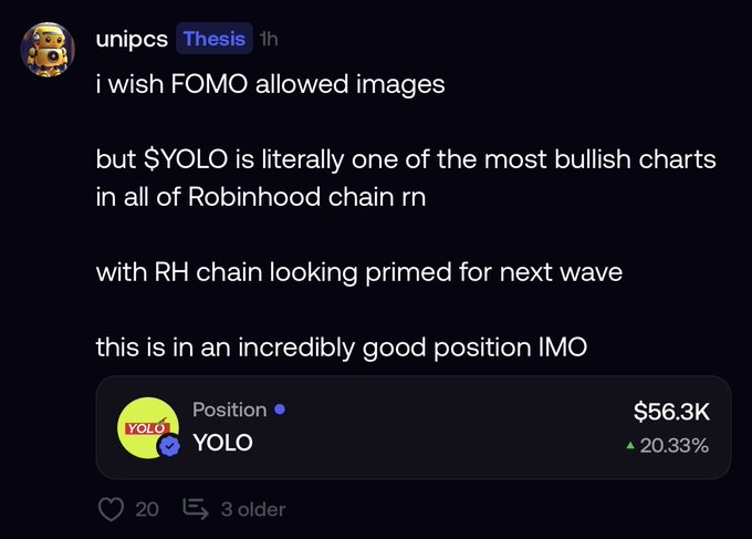 A Twitter/X post by user 'unipcs' (Thesis) displays text about FOMO and YOLO charts, showing a position of $56.3K in YOLO with a 20.33% gain.