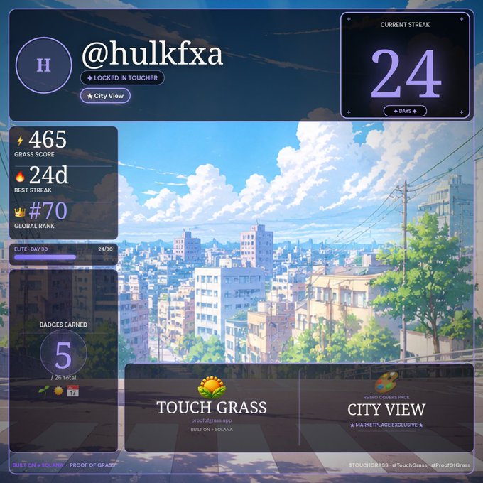 A digital stats dashboard for user @hulkfxa showing a 24-day current streak, grass score of 465, global rank #70, and "City View" NFT badge on the proofofgrass.app built on Solana.