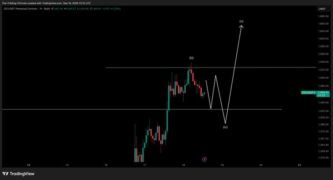 A TradingView chart of ZEC/USDT Perpetual Contract (TradingView.com) on the 1-hour timeframe, dated September 18, 2024, 13:15 UTC, showing price action around $1,484-1,487 with Elliott Wave analysis annotations marking points (ii), (iii), and (iv), illustrating the ongoing corrective pullback pattern referenced in the update.