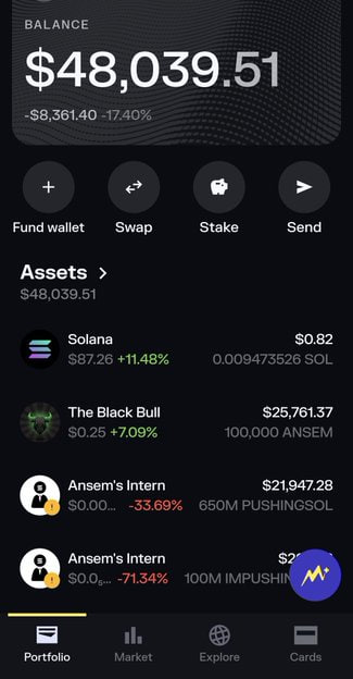 The image shows a crypto wallet portfolio with a balance of $48,039.51, including holdings of 100,000 $ANSEM (valued at $25,761.37), which directly illustrates the airdrop the post announces by showing the recipient's wallet now holds the newly received $ANSEM tokens alongside other assets like Solana and other meme coin positions.