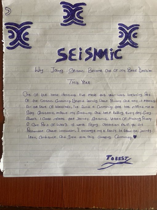 Handwritten note on lined paper with the 'Seismic' logo at the top, titled 'Why Joining Seismic Became One Of My Best Decision This Year,' discussing the future of blockchain, signed 'ToBest.'