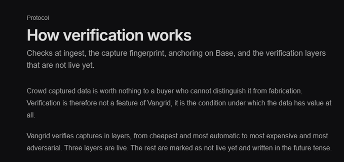 A dark webpage titled 'How verification works' explaining Vangrid's multi-layered capture verification process, noting that crowd-captured data is worthless to buyers who cannot distinguish it from fabrication.