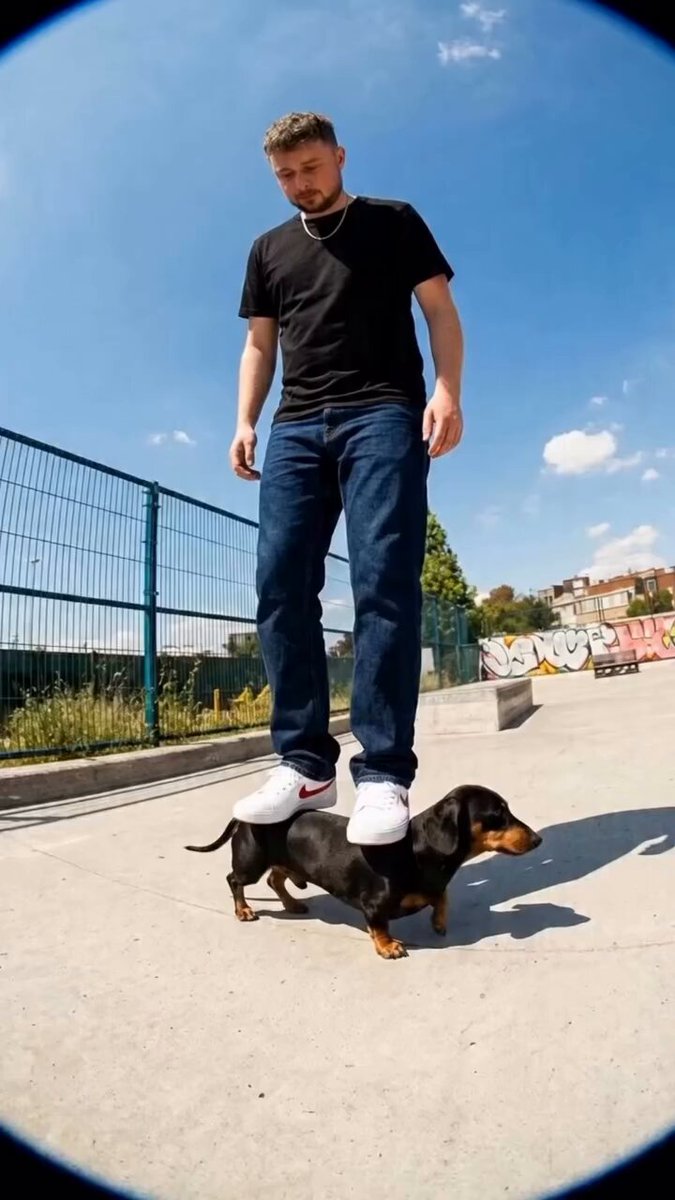 The image features a man standing on top of his dog, who is also standing on its hind legs. The scene takes place outdoors with a fence visible behind them. The caption "How it feels to be a Doginal Dog" suggests that this moment captures an amusing and lighthearted interaction between the man and his dog, possibly as part of a photo or video project.