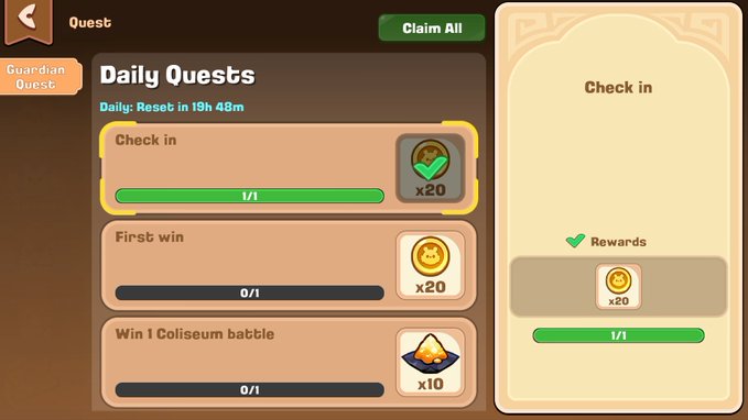 Mobile game screenshot of a 'Daily Quests' interface showing completed tasks including 'Check in', 'First win', and 'Win 1 Coliseum battle' with rewards of AXS coins and gems.