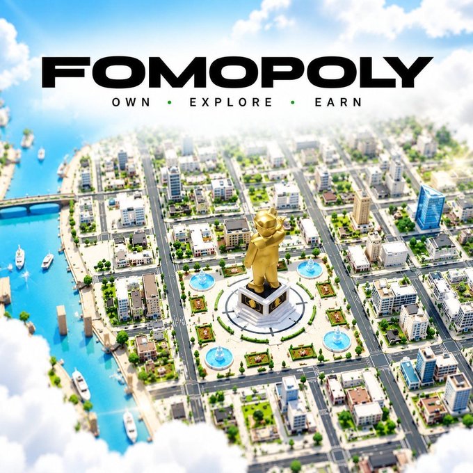 A Fomopoly promotional image shows a bright aerial-style city map with waterways, buildings, parks, fountains, and a central golden statue, beneath the text “FOMOPOLY” and “OWN • EXPLORE • EARN.”