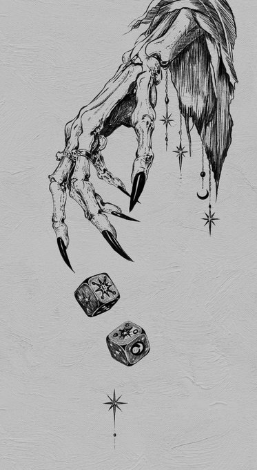 A black-and-white illustration of a skeletal hand with long black claws reaching down toward dice, with stars and a moon dangling from tassels.