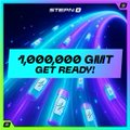 Promotional STEPN GO graphic with text '1,000,000 GMT GET READY!' on a neon blue and purple digital road background.