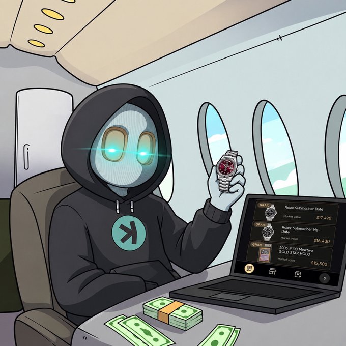 A masked figure in a hoodie with glowing teal eyes sits in a private jet, admiring a red Rolex Submariner Date watch while a laptop displays luxury watches including a "Rolex Submariner Date" valued at $17,490 and a "2000s #103 Mentxu Gold Star Holo" at $15,500, with cash bundles on the table—perfectly illustrating the luxury watch fantasy promoted by @watchdotfun.