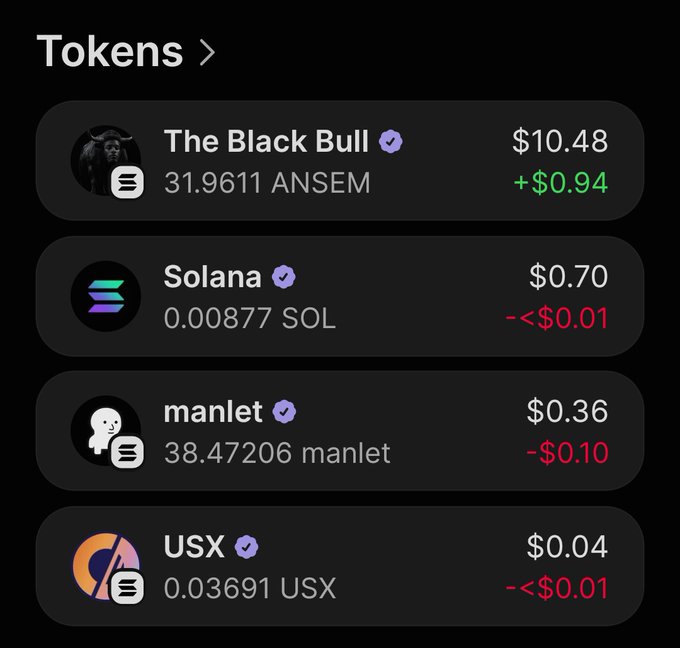 A screenshot of a Tokens portfolio shows "The Black Bull" (ANSEM) valued at $10.48, representing 31.9611 ANSEM tokens, alongside smaller holdings in Solana, manlet, and USX. The image illustrates the user's celebration of their ANSEM token's value, though the displayed $10.48 reflects the price per token (or a small portion of holdings) rather than the $10k portfolio value mentioned in their post.