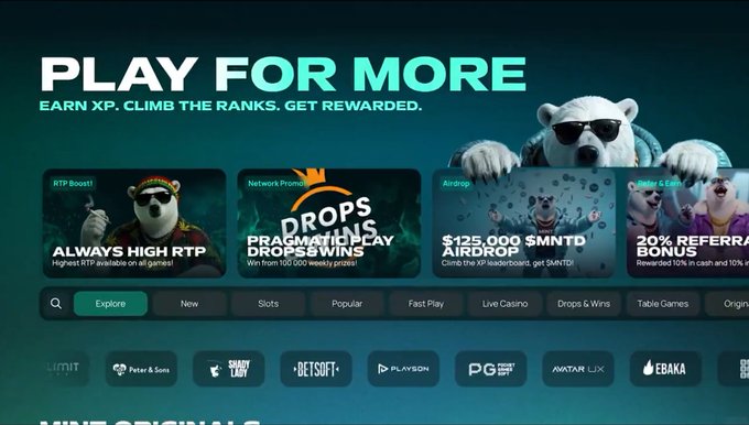 Online casino promotional banner reading 'PLAY FOR MORE - EARN XP. CLIMB THE RANKS. GET REWARDED.' featuring offers like 'ALWAYS HIGH RTP', 'DROPS & WINS PRAGMATIC PLAY', '$125,000 $MN8TD AIRDROP', and '20% REFERRAL BONUS', with a bear mascot wearing sunglasses.