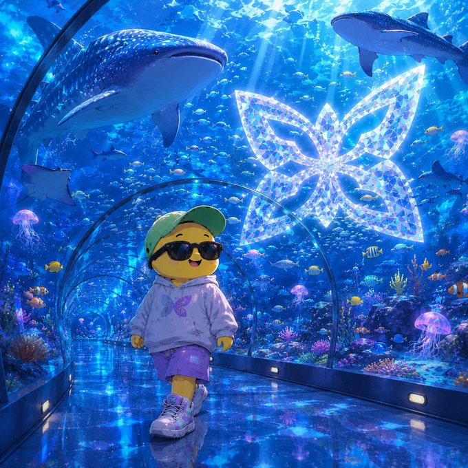 A vibrant digital artwork showing a cute yellow character wearing a cap, sunglasses, and a butterfly hoodie walking through an underwater aquarium tunnel surrounded by sharks, fish, and a large glowing butterfly logo.