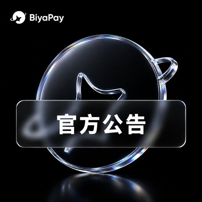 A BiyaPay official announcement graphic features a transparent circular logo on a black background with a button containing the Chinese text "官方公告" (Official Announcement).