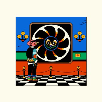 A colorful cartoon illustration showing a small pink character with glasses standing in front of a large black fan with a face design, set in a room with a checkered floor and yellow lamps.