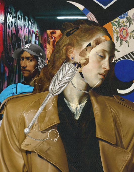 A surreal collage portrait combining classical Renaissance painting aesthetics with modern street photography, featuring a figure in a tan leather trench coat, graffiti background, and floral patterns.